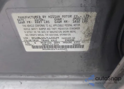2007 Nissan Sentra 2.0 z USA, uszkodzony, nr VIN 3N1AB61E67L633159